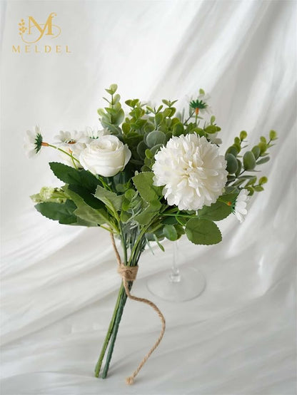 Meldel 3 Pcs Bouquet Rose Artificial Fake Flowers Eucalyptus Plants Faux Silk Flower Arrangements Wedding Bouquets Decorations Floral Table Centerpieces for Home Kitchen Garden Party Decor (White)