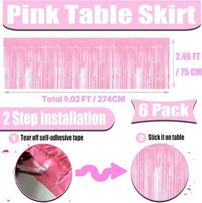 6 Pack 29x108 Inch Metallic Foil Fringe Tinsel Table Skirts Banner for Rectangle Tables Streamer Garland Curtains Backdrop for Birthday, Parade Floats, Valentine's Day Party Decoration(Macaron Pink)