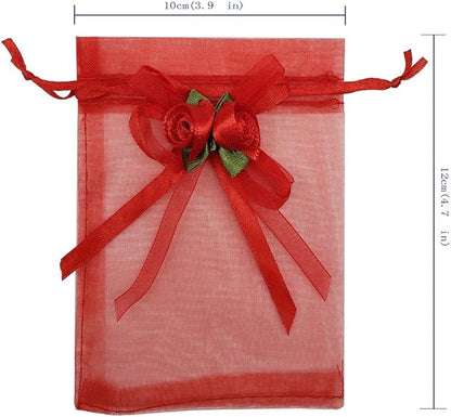 Ankirol 50pcs Sheer Organza Favor Bags For Wedding 3.8x4.8'' Gift Bags Samples Display Drawstring Rose Pouches (hot red)