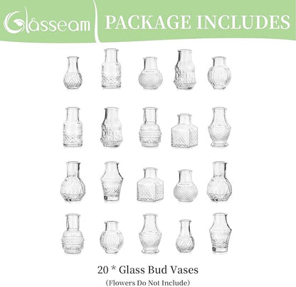 Glasseam Small Bud Vases for Centerpieces: 20PCS Mini Clear Glass Vase Set for Flowers Decor Wedding Party Baby Shower Dining Table Decorations Centerpiece