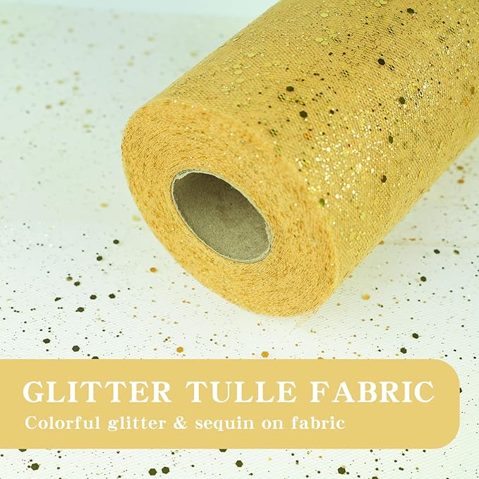 Glitter Tulle Rolls, 6” by 50 Yards (150FT) Sparkling Tulle Spool Ribbon Sequin Tulle Netting Fabric for Tutu Skirt Wedding Birthday Baby Shower (Gold)
