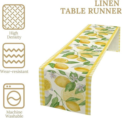 Lemon Table Runner,Yellow White Buffalo Plaid Summer Table Runner for Kitchen Dining Table Home Party Decoration 13x60 Inch