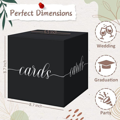 QIKSION Black Wedding Card Box, Silver Foil Gift Card Box for Party, Wedding Reception, Graduation, Birthday, Baby Shower, Raffle
