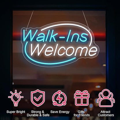 Walk-Ins Welcome Neon Sign, Neon Sign For Wall Decor, Ice blue + white Led Signs Usb Powered, Living Game Room Decor, For Bedroom Restaurant Bar Hotel Shop Party Birthday(16.5x9.4in)