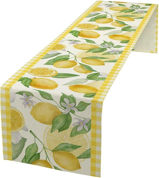 Lemon Table Runner,Yellow White Buffalo Plaid Summer Table Runner for Kitchen Dining Table Home Party Decoration 13x120 Inch