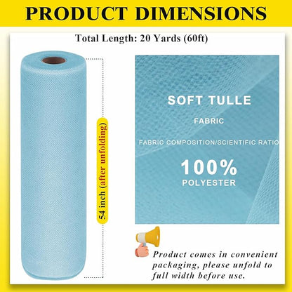 54" by 20 Yards Blue Tulle Fabric Rolls - Tutu Spool Bolt for DIY Wedding Decoration, Baby Shower Tutu Skirt, Gift Wrapping - Large Matte Tulle, Roll Packaging (Baby Blue)