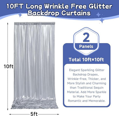 leegleri 10x10ft Thick Silver Glitter Backdrop Curtain Panels for Parties, Wrinkle Free Sequin Sparking Photo Backdrop Drapes, 2 Panels 5x10ft Shimmer Back Drop Cloth for Wedding Birthday Photography