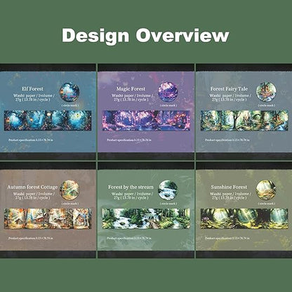 Forest-Themed Seamless Washi Tape Scrapbook Kit – 6 Rolls with Cottage, Waterfall & Fairy Forest Designs for Journaling, DIY Crafts, Gift Wrapping, Card Making and Decoration