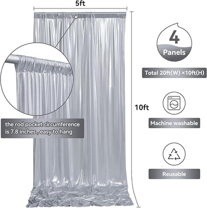 20ftx10ft Silver Sequin Backdrop Curtain for Parties, Wrinkle Free 4 Panels 5x10FT Glitter Photo Backdrop Drapes Shimmer Back Drop Cloth for Wedding Birthday Christmas Photography Background