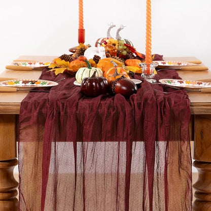Burgundy Red Cheesecloth Table Runner 6 Pack Fall Table Runners Boho Gauze 120 Inches Red Cheese Cloth Fall Table Decorations for Thanksgiving Christmas Weddings Bridal Shower Candlelight