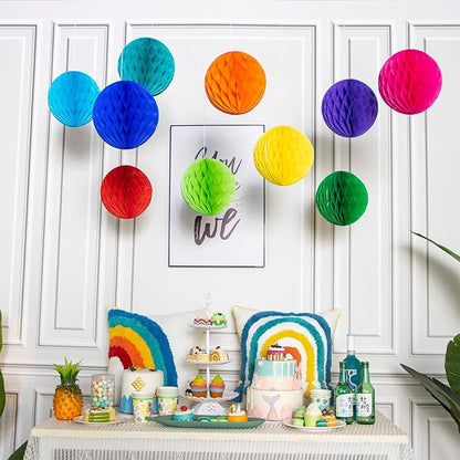 Colorful Rainbow Hanging Tissue Paper Honeycomb Balls Pride Party Decorations Pom Poms for Rainbow Sunshine Cloud Sun Themed Birthday Baby Shower Gender Reveal Wedding Party Décor