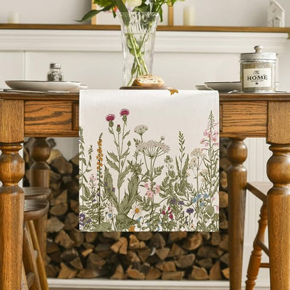 Artoid Mode Antique Herbs and Wild Flowers Summer Table Runner, Spring Fall Kitchen Dining Table Decoration for Home Party 13x108 Inch
