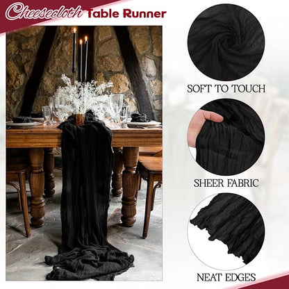 Aktor 12 Pack Black Table Runner Boho Cheesecloth Table Runner Semi Sheer Gauze Fabric Runners for Wedding Birthday Baby Shower Party Boho Table Decoration（Black）
