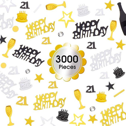 Sumind 3000 Pcs 21st Birthday Metallic Foil Confetti Table Scatter Decorations for Birthday Party DIY Arts and Crafting, Gold, Black and Silver