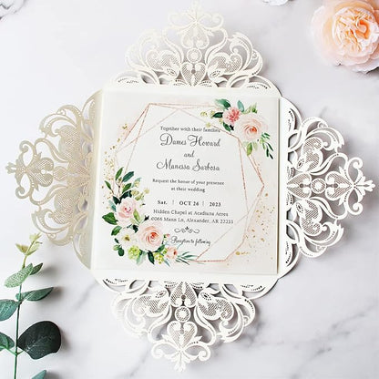 Hosmsua 6.3 x 6.3 Inch 50PCS Silver Glitter Laser Cut Hollow Lace Rose Wedding invitation Cards with Envelopes Wedding invitations for Anniversary Invite (Silver Glitter)