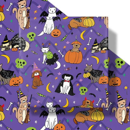 LeZakaa Halloween Purple Animal Wrapping Paper Roll, Cat Dog in Halloween Costumes, Pumpkins Bats Skulls Cheer, for Pet Lovers, Kids, Trick-or-Treat Party Decor, Mini Roll 17 in x 16.4 Ft