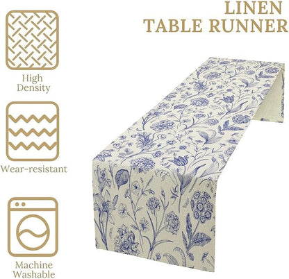 Monochrome Sketch Flowers Table Runner, Seasonal Spring Fall Plants Blue Florals Dinner Runner for Home Kitchen Dining Table Party Holiday Decoration 13"x36"