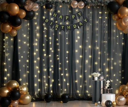 Black Sheer Backdrop Curtains with Lights String for Parties Birthday 10ft × 8ft Black Tulle Backdrop Curtain for Baby Shower Wedding Graduation Halloween Party Photo Shoot Decorations