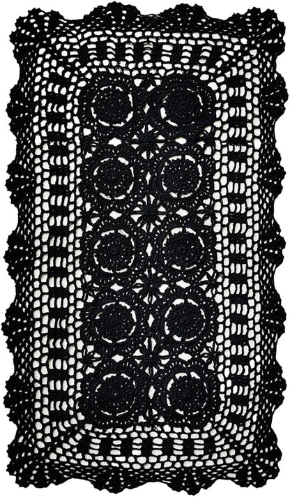 Phantomon Lace Table Runner Rectangular Table Cover Cloth Handmade Crochet Floral Placemats 100% Cotton (Floral Black, 15x28Inch)