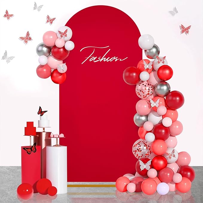 SoarDream 7.2FT Wedding Arch Cover Red Spandex Fitted Wedding Arch Stand Covers Fitted for Round Top Chiara Arch Cover Stretchy Backdrop for Birthday Birthday Party Balloon Decor