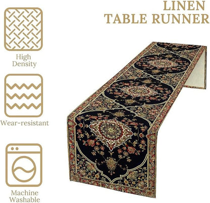 Vintage Boho Floral Table Runner, Rustic Country Farmhouse Black Bohemia Flower Pattern for Home Kitchen Table Decor Dining Cafe Room Wedding Party Decor 13x90in