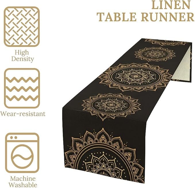 Golden Mandala Table Runner, Traditional Indian Gold Black Flower Vintage Luxury Bohemian Mandala Table Runner for Home Kitchen Dinning Table Indoor Outdoor Holiday, 13x36inch