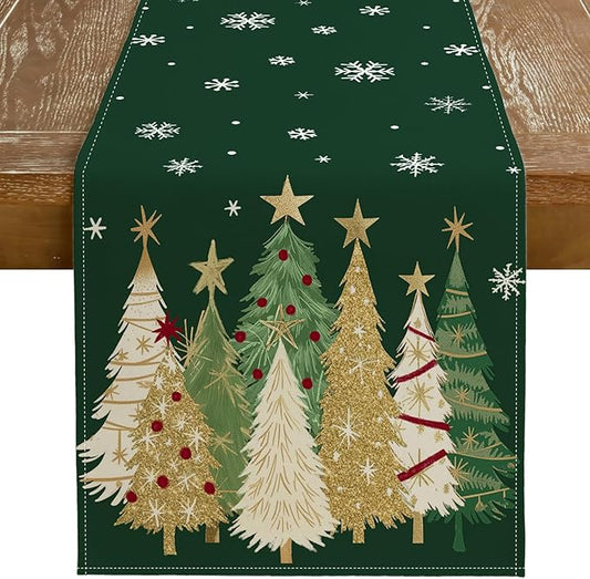 GEEORY Christmas Table Runner 13x36 Inch, Xmas Trees Snowflakes Holiday Decorative Farmhouse Table Decoration for Kitchen Dinning, Indoor Outdoor Dinner Party Decor (Green) GT152-36