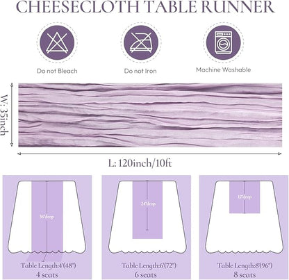 Lilac Purple Cheesecloth Table Runner Boho 10ft Gauze Cheese Cloth Gorgeous Table Runner for Baby Shower Wedding Bridal Shower Fall Thanksgiving Table Decor