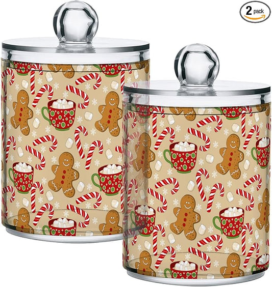 Gredecor Qtip Holder Dispenser 2 Pack Cute Gingerbread Men Snowflakes Candy Bathroom Decorative Storage Canister Holder Counter Vanity Organizer for Cotton Ball Swabs Pads Floss