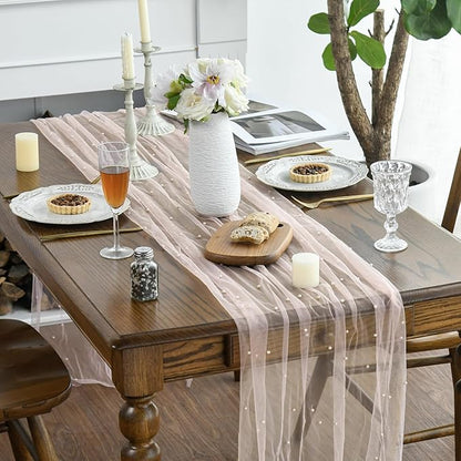 Artoid Mode Pearl Pink Gauze Table Runner 120 Inch 10FT, Seasonal Sheer Dining Holiday Wedding Birthday Baby Shower Table Decor for Home Party