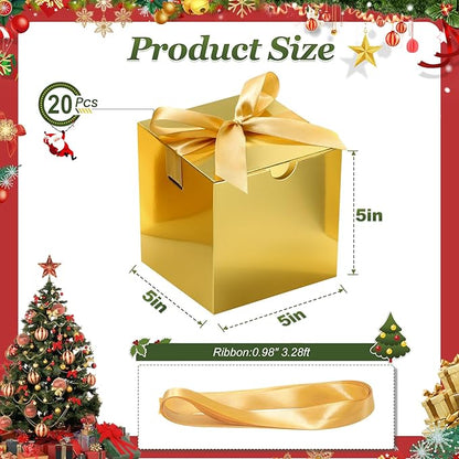 DOYIDE Small Gift Boxes, 20 Pack 5x5x5 Inch Gold Elegant Paper Boxes with Ribbons, Crafting, Christmas Gift Box Wedding Party Favor, Cupcake, Candy, Bridesmaids Proposal Box