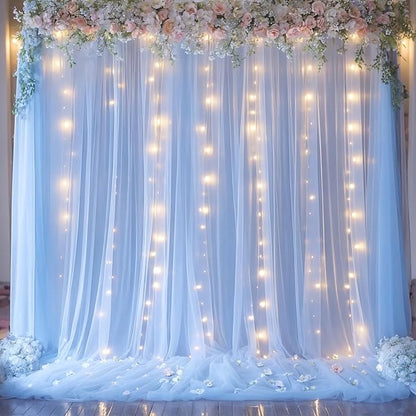Blue Tulle Backdrop Curtains with Lights String for Parites Baby Shower 20×8ft Blue Sheer Backdrop Curtains Drapes for Bridal Shower Birthday Party Photo Shoot Background Decorations(4 Panels 5×8ft)