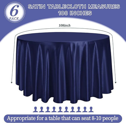 fani 6 Pack 108 Inch Navy Blue Satin Tablecloth - Premium Bright Silky Round Tablecloth Overlay Smooth Fabric Table Cover, Table Decoration for Wedding Party Banquet Events Restaurant Kitchen Dining