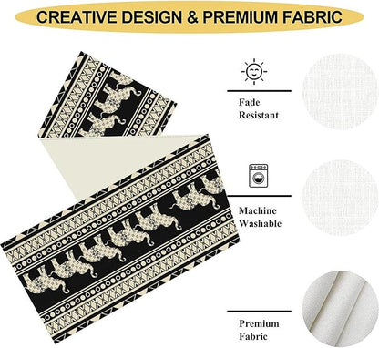 Ethnic Table Runner, Rustic Farmhouse Boho Geometric Elephant Aztec Tribal Print Black Table Center Decor for Home Kitchen Dining Patio Holiday Party Indoor Outdoor Table Decorations, 13"x90" Inch