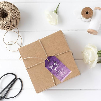 Andaz Press 100-Pack Personalized Thank You for Celebrating with Us Wedding Favor Tags with Bakers Twine Purple Ombre Watercolor Custom Cardstock Wedding Gift Tags for Party Favors 2 x 3.75-Inches