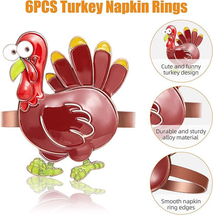 Halatool Thanksgiving Colorful Turkey Napkin Rings Set of 6, Funny Metal Festival Napkin Holders for Thanksgiving Weddings Holidays Gathering Dinner Party Decorations