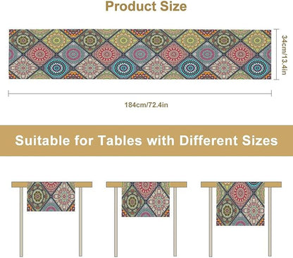 Boho Bohemian Table Runner, Vintage Indian Floral Print Table Cover for Farmhouse Kitchen Dining Table Decor Holiday Party, 13x108inch