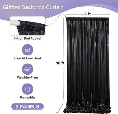 gogoparti 10x10FT Black Sequin Backdrop Curtain - 2 Panels of 5x10FT Wrinkle-Free Glitter Drapes for Photography, Birthdays, Weddings & Graduations