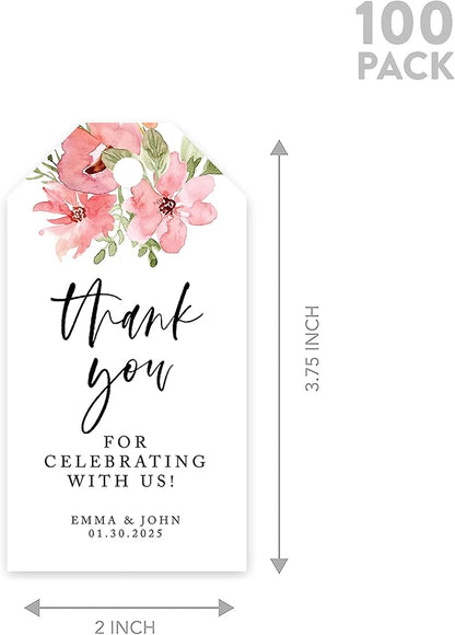 Andaz Press 100-Pack Personalized Thank You for Celebrating with Us Wedding Favor Tags with Bakers Twine Coral Watercolor Florals Custom Cardstock Wedding Gift Tags for Party Favors 2 x 3.75-Inches