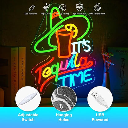 It's Tequila Time Neon Sign Tequila Time Neon Sign for Wall Decor Mexican Tequila USB Dimmable LED Neon Lights for Beer Bar Kitchen Restaurant Home Pub Party Man Cave Club Shops Hotel Store Business Gift