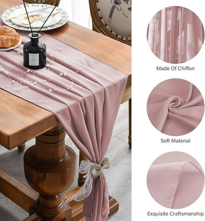 2 Pack 10 Ft Chiffon Table Runner Dusty Rose Gauze Long Table Runners 27x120 Inches Sheer Tulle Table Runner for Rustic Wedding Reception Bridal Shower Decorations Birthday Party