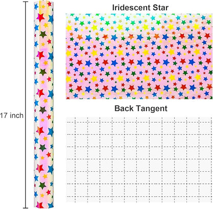 Burymento Holographic Pink Star Gift Wrapping Paper for Birthday, Valentines, Mothers day, Graduation, Wedding, Fathers day, Baby Shower, Christmas (17in x 32.8ft)