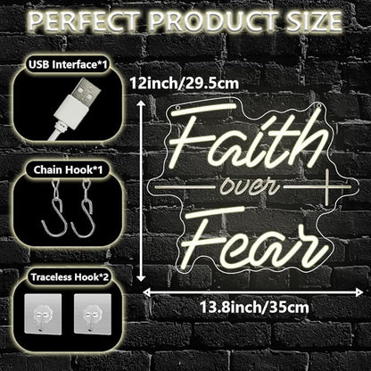 Faith Over Fear Neon Sign,Christian Dimmable LED Light Signs for Wall Art Decor,Warm White Backdrop for Bedroom Club Party Man Cave,Gift for Teen Men USB Powered（13.8"*11.6"）