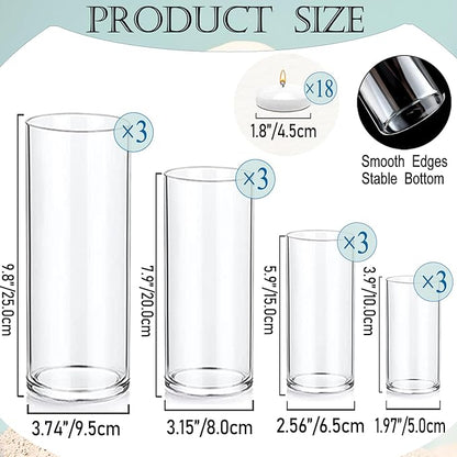 Set of 12 Pcs Glass Cylinder Vases for Centerpieces with 18 Pcs White Floating Candles for Centerpieces Glass Candle Holder for Table Shelf Wedding Party Home Decor (4"+6"+8"+10")