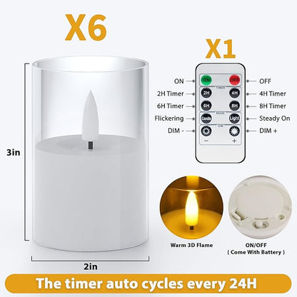 6Pack Flickering Flameless LED Candles with Remote & Timer, Battery Powered - Small Pillar & Votive, Clear (2"X3")