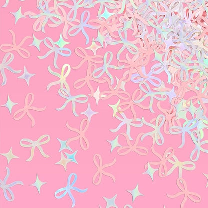 xo, Fetti Bow Confetti - 200 pc | Bachelorette Party Pink and Iridescent, Engagement Party Decoration, Tying the Knot Table Decor, Bride To Be Coquette Ribbon Bridal Shower Supplies