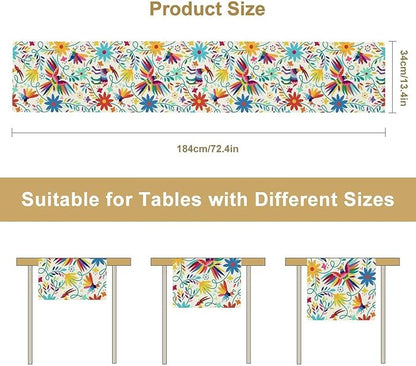 Mexican Table Runner,Boho Colorful Nature Inspired Flowers and Birds Table Cloth Kitchen Dining Table Home Party Decoration 13x60 Inch