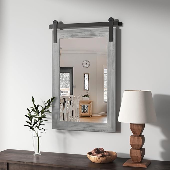 COGOOD Farmhouse Barn Door Mirror - 17 x 26 Rustic Wood Framed Wall Mirror for Bathroom, Living Room, Entryway Wall Decor (Grey)