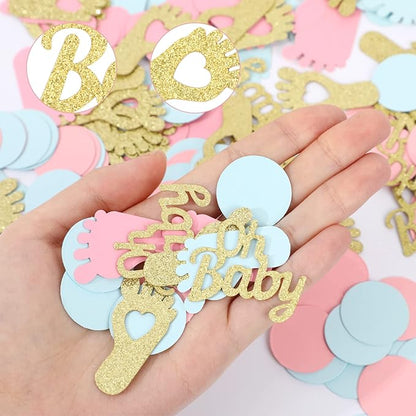 MARFOREVER 350 Pieces Gender Reveal Confetti Baby Shower Decoration Pink Blue Gold Round Glitter Confetti Oh Baby Footprints Table Paper Confetti for Gender Reveal Party Table Wedding Decor