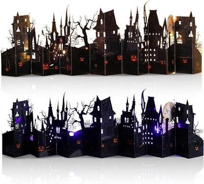 Geyoga Halloween Pop-up Card with 2 LED Lights 40" Halloween 3D Greeting Card Long Enchanted Eerie Village for Table Centerpiece Party Decoration